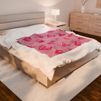 Velveteen Plush Blanket - Pink Hearts Cozy Throw, Warm Snuggle Quilt, Soft Fleece Bedspread, Comfy Bedding Cover, Lovely Valentine's Day