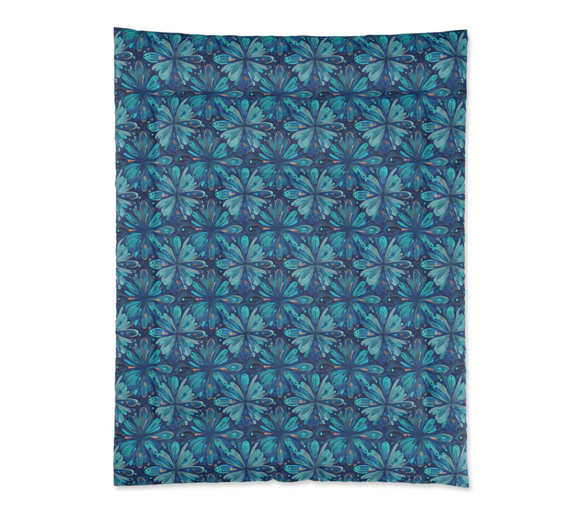 Tropical Floral Comforter, Boho Bedroom Decor, Cozy Quilt for Home, Gift for Her, Ocean Vibe Bedding, blue green flowers