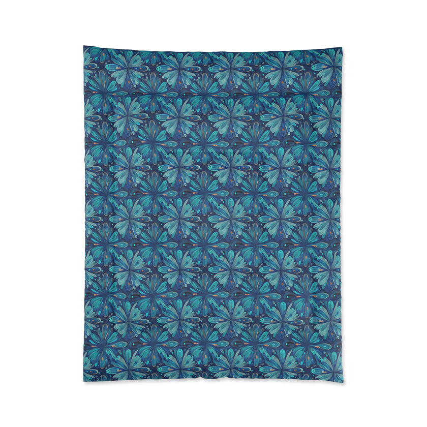 Tropical Floral Comforter, Boho Bedroom Decor, Cozy Quilt for Home, Gift for Her, Ocean Vibe Bedding, blue green flowers