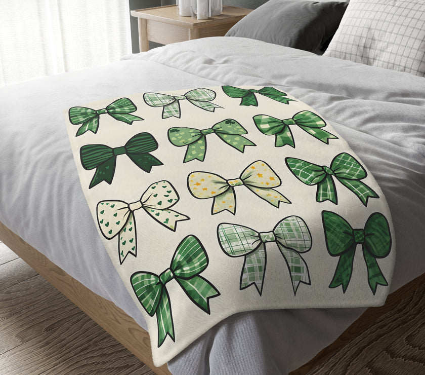 Velveteen Microfiber Blanket, Green Bow Blanket. Double-Sided Print, Soft Plush Throw for Cozy Nights, Christmas Blanket. Holiday Gift Idea,