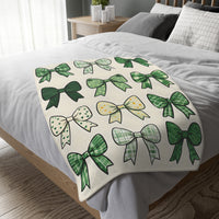 Velveteen Microfiber Blanket, Green Bow Blanket. Double-Sided Print, Soft Plush Throw for Cozy Nights, Christmas Blanket. Holiday Gift Idea,