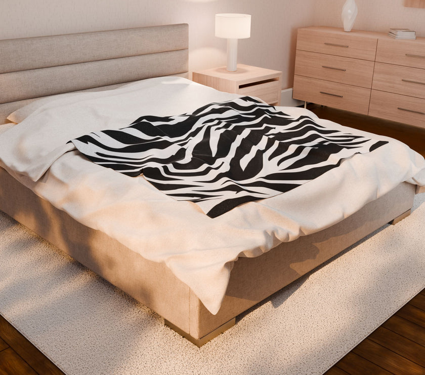 Velveteen Plush Blanket, Zebra Line Design, Cozy Throw for Home Decor, Animal Print Bedding, Safari Wildlife Lover Gift, Black and White