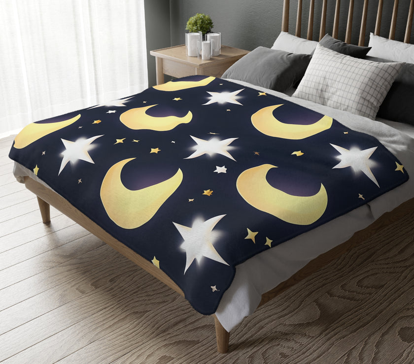 Blanket, Gold Moon and Stars Print, Soft Velveteen Microfiber Throw, Celestial Home Decor, Cozy Bedroom Accent, Night Sky Galaxy Design,