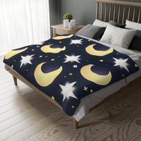 Blanket, Gold Moon and Stars Print, Soft Velveteen Microfiber Throw, Celestial Home Decor, Cozy Bedroom Accent, Night Sky Galaxy Design,