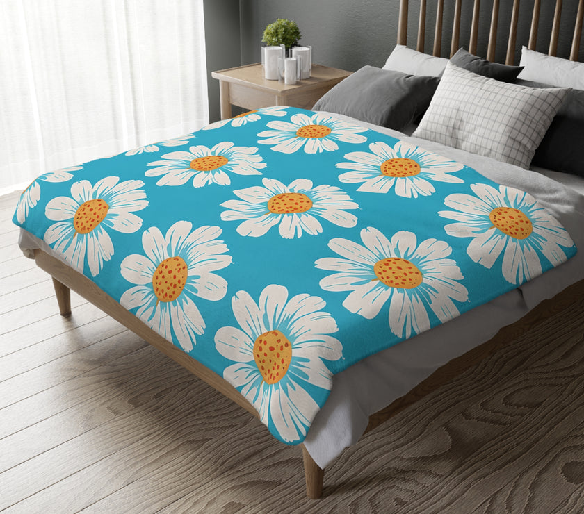 Velveteen Microfiber Blanket, White Daises on Blue Blanket, Floral Throw Blanket, Cozy Couch Blanket, Gift for Her, Home Decor Accent