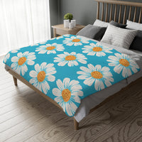 Velveteen Microfiber Blanket, White Daises on Blue Blanket, Floral Throw Blanket, Cozy Couch Blanket, Gift for Her, Home Decor Accent