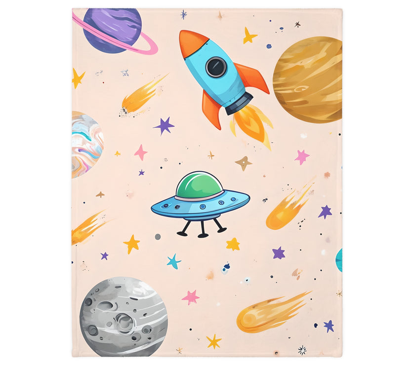 Kids Outer Space Spaceship Rocket Planet Velveteen Microfiber Blanket, Two-sided Print, Children's Bedroom Decor, Boys Girls Gift, Nursery