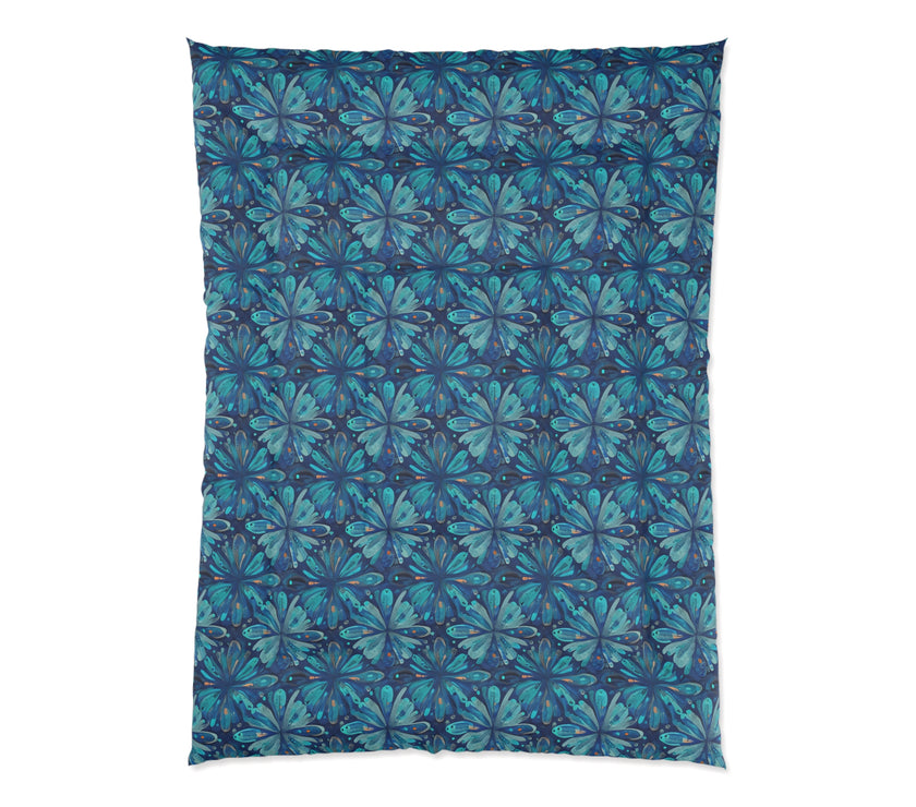 Tropical Floral Comforter, Boho Bedroom Decor, Cozy Quilt for Home, Gift for Her, Ocean Vibe Bedding, blue green flowers