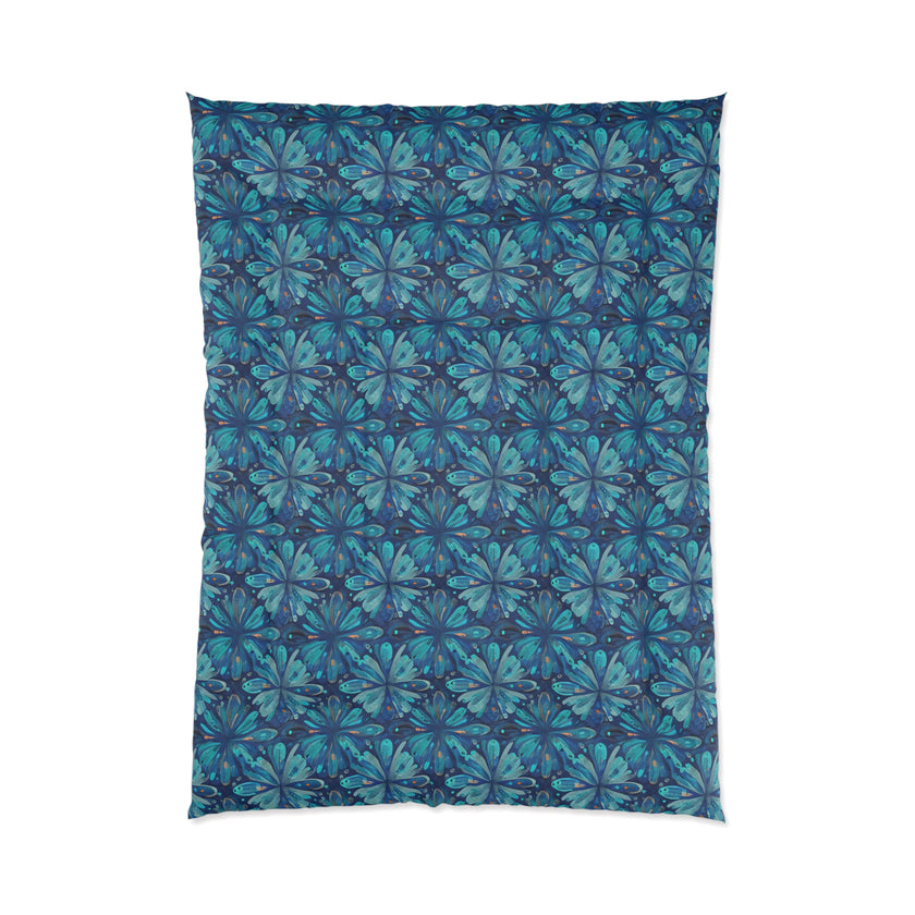 Tropical Floral Comforter, Boho Bedroom Decor, Cozy Quilt for Home, Gift for Her, Ocean Vibe Bedding, blue green flowers