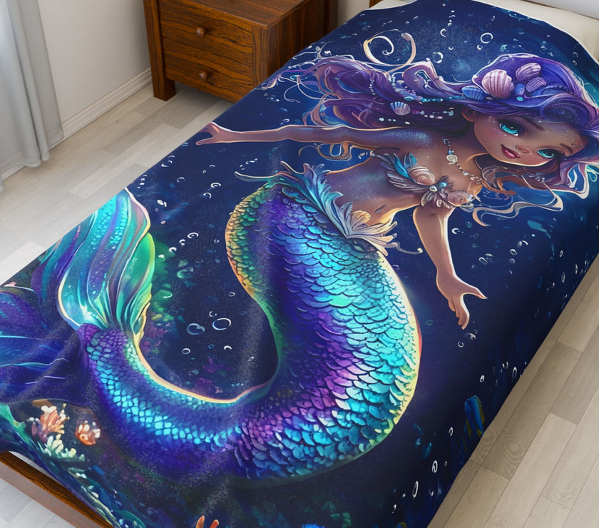 Mermaid Velveteen Plush Blanket, Cozy Throw for Kids, Nautical Decor, Gift for Birthdays, Under the Sea Theme, Soft Blanket
