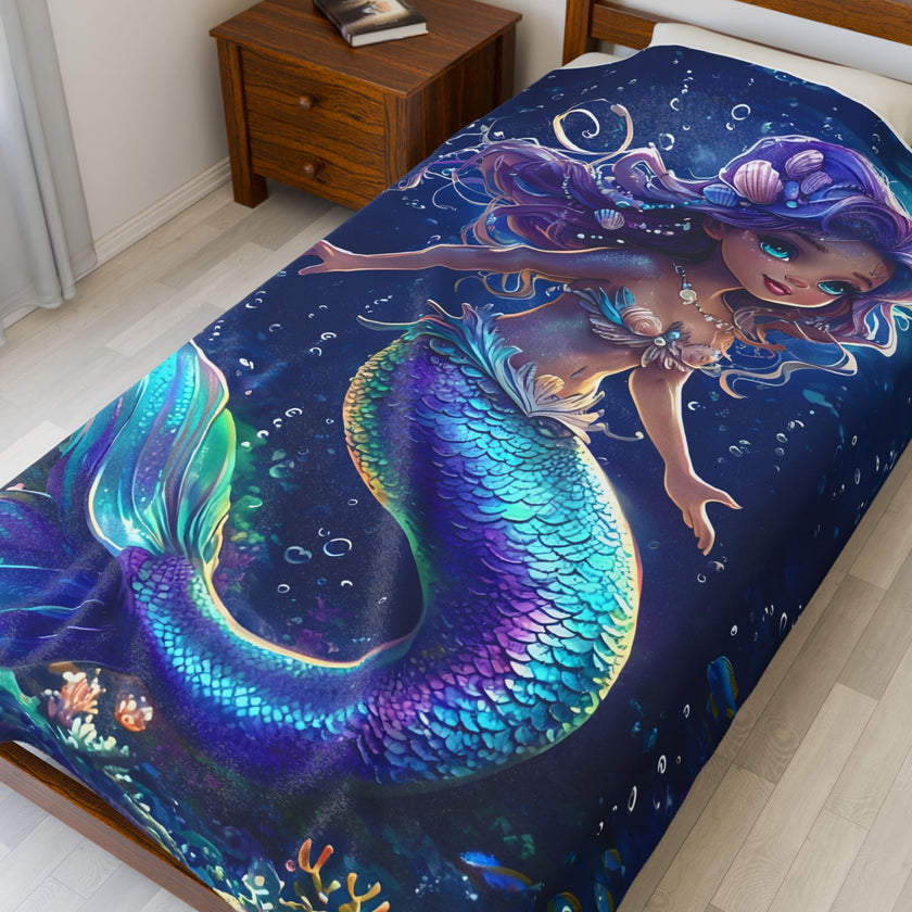 Mermaid Velveteen Plush Blanket, Cozy Throw for Kids, Nautical Decor, Gift for Birthdays, Under the Sea Theme, Soft Blanket