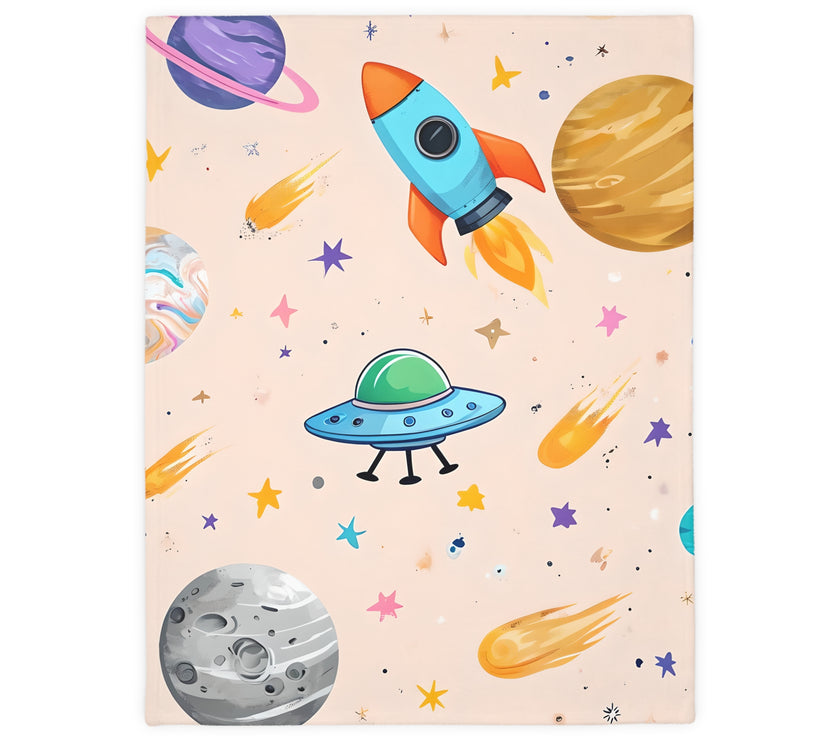 Kids Outer Space Spaceship Rocket Planet Velveteen Microfiber Blanket, Two-sided Print, Children's Bedroom Decor, Boys Girls Gift, Nursery