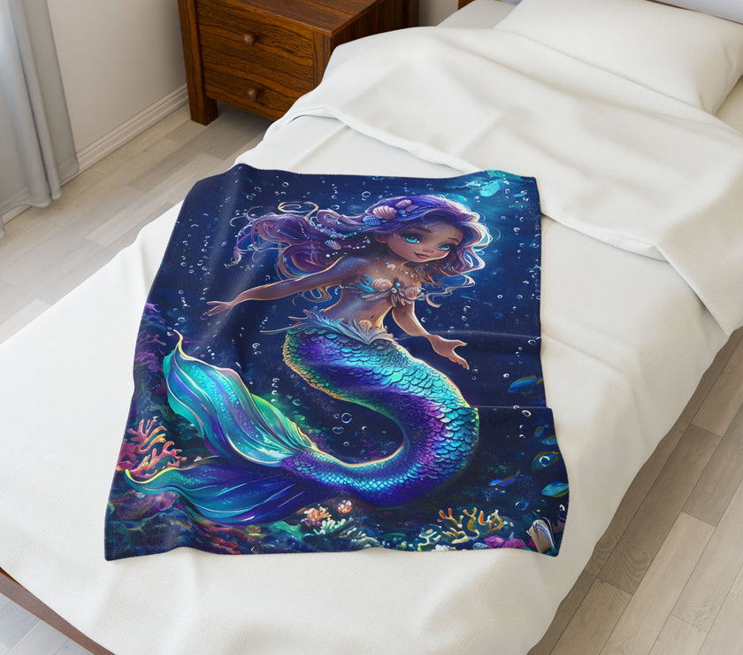 Mermaid Velveteen Plush Blanket, Cozy Throw for Kids, Nautical Decor, Gift for Birthdays, Under the Sea Theme, Soft Blanket