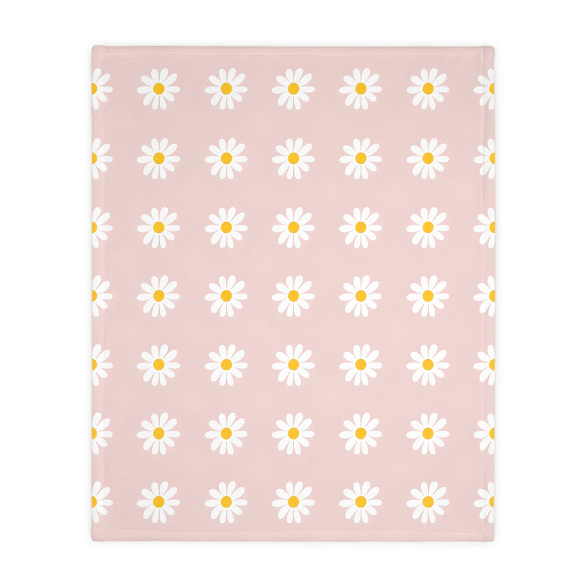 Velveteen Microfiber Blanket, White Daises on Pink Floral Throw, Soft Fleece Bedding, Cozy Couch Decoration, Home Decor Gift, Lightweight
