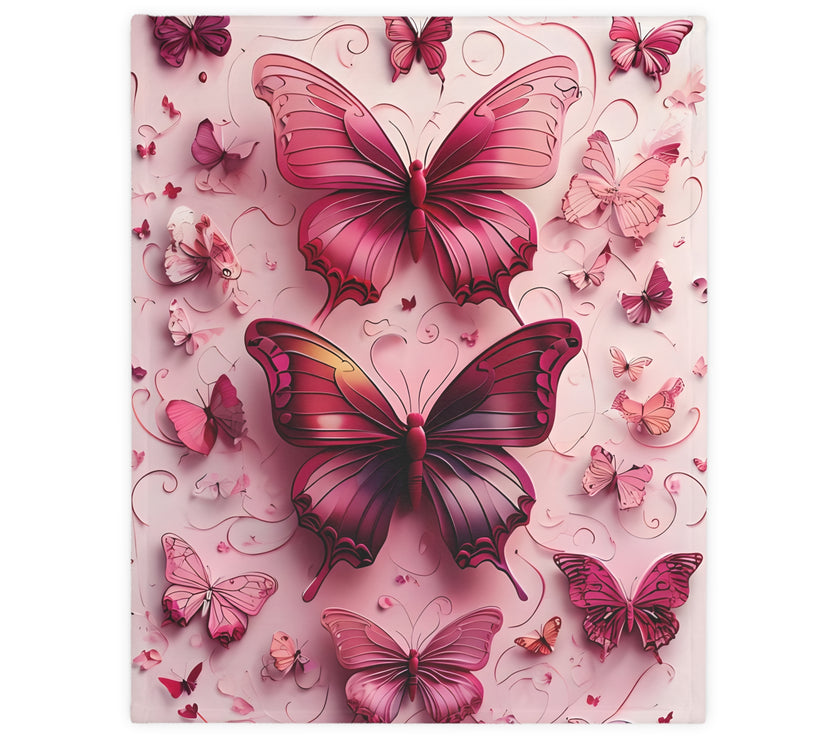 Pink Butterfly  Velveteen Microfiber Blanket (Two-sided print)