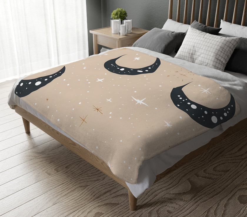 Velveteen Blanket, Pink Moon and Stars Soft Throw, Cozy Bedding, Nursery Decor, Celestial Night Sky Bed Cover, Double Sided Print