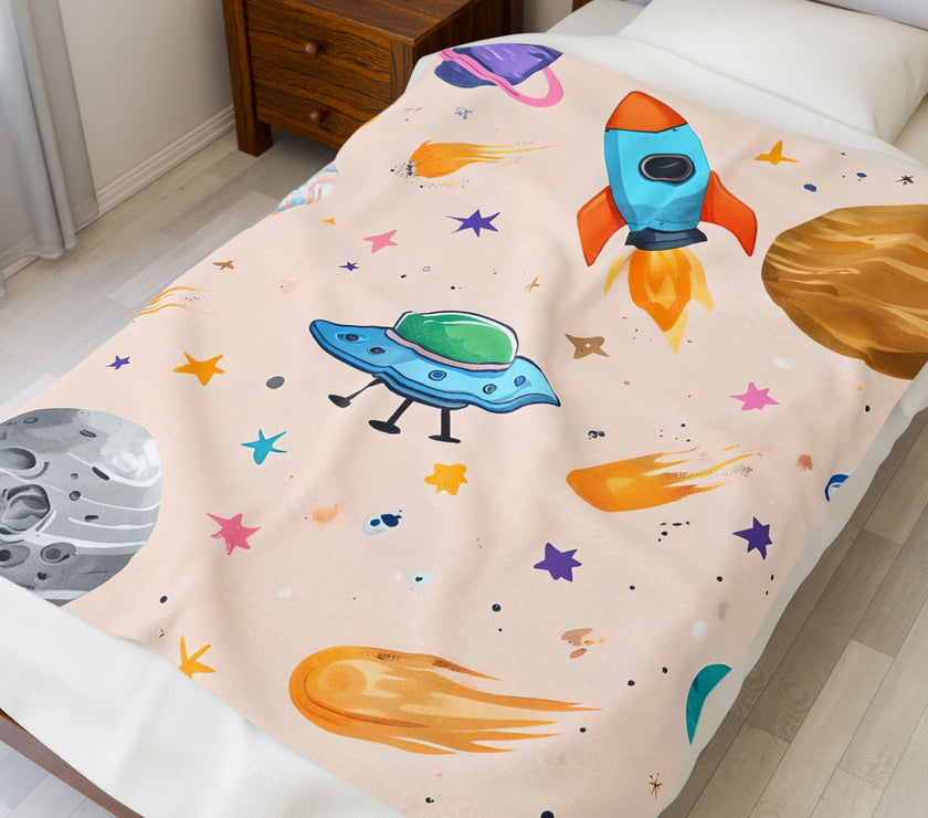 Kids Space Ship Rocket Moon Velveteen Plush Blanket - Children's Bedroom Decor, Outer Space Theme, Galaxy Nursery Bedding, Celestial Throw