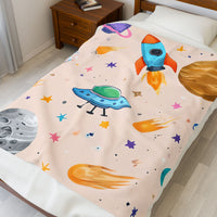Kids Space Ship Rocket Moon Velveteen Plush Blanket - Children's Bedroom Decor, Outer Space Theme, Galaxy Nursery Bedding, Celestial Throw