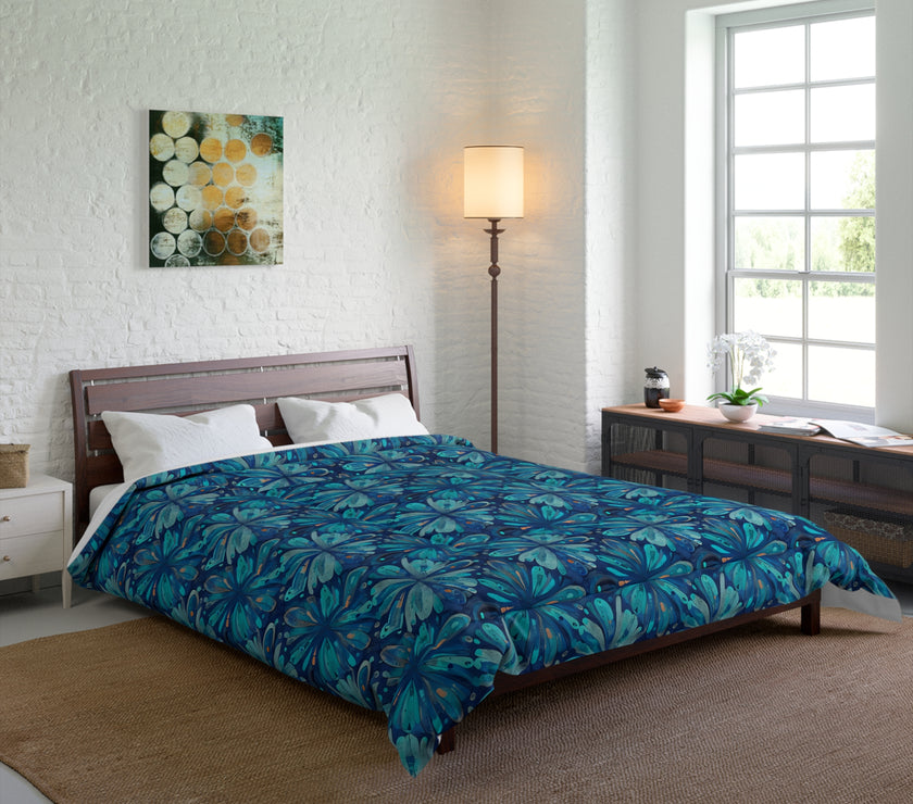Tropical Floral Comforter, Boho Bedroom Decor, Cozy Quilt for Home, Gift for Her, Ocean Vibe Bedding, blue green flowers