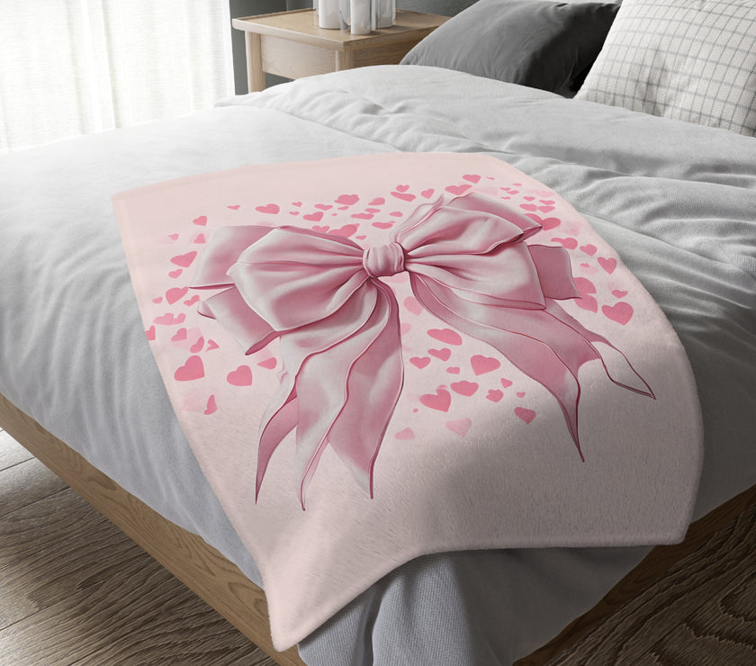 Pink Bow . Pink Heart Velveteen Microfiber Blanket (Two-sided print)
