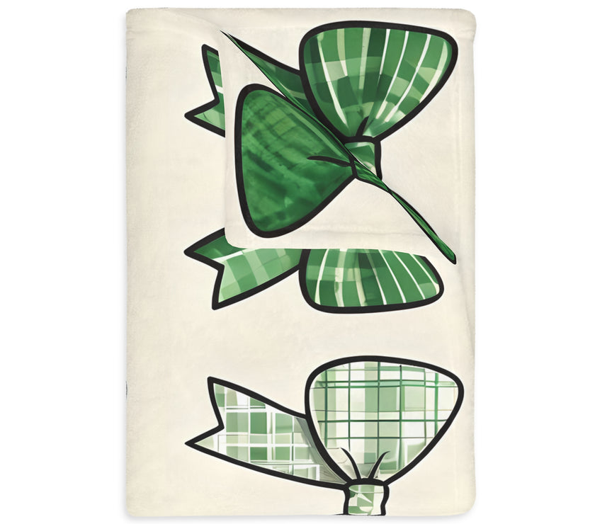 Velveteen Microfiber Blanket, Green Bow Blanket. Double-Sided Print, Soft Plush Throw for Cozy Nights, Christmas Blanket. Holiday Gift Idea,