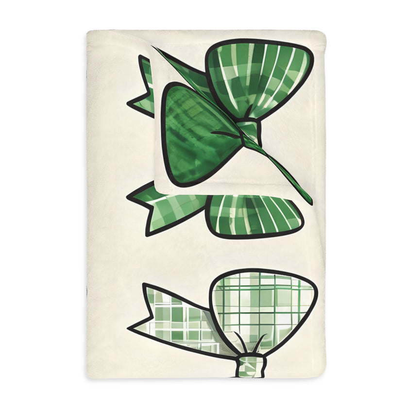 Velveteen Microfiber Blanket, Green Bow Blanket. Double-Sided Print, Soft Plush Throw for Cozy Nights, Christmas Blanket. Holiday Gift Idea,