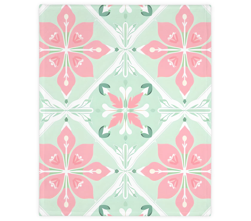 Green Pink Floral Velveteen Microfiber Blanket (Two-sided print)