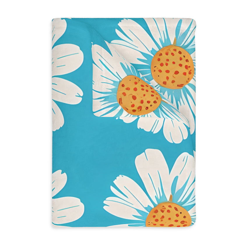 Velveteen Microfiber Blanket, White Daises on Blue Blanket, Floral Throw Blanket, Cozy Couch Blanket, Gift for Her, Home Decor Accent