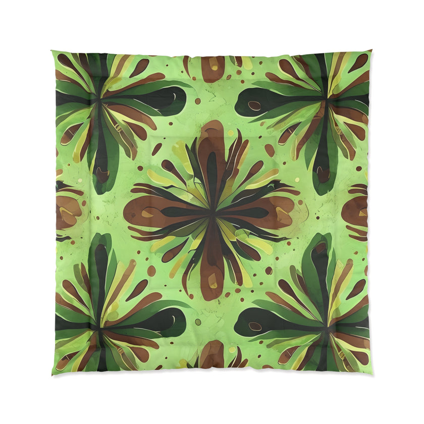 Eco-Friendly Floral Comforter, Nature-Inspired Bedding, Cozy Home Decor, Gift for Plant Lovers, Green and Brown Design