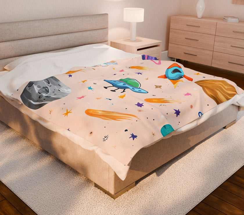 Kids Space Ship Rocket Moon Velveteen Plush Blanket - Children's Bedroom Decor, Outer Space Theme, Galaxy Nursery Bedding, Celestial Throw