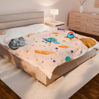 Kids Space Ship Rocket Moon Velveteen Plush Blanket - Children's Bedroom Decor, Outer Space Theme, Galaxy Nursery Bedding, Celestial Throw