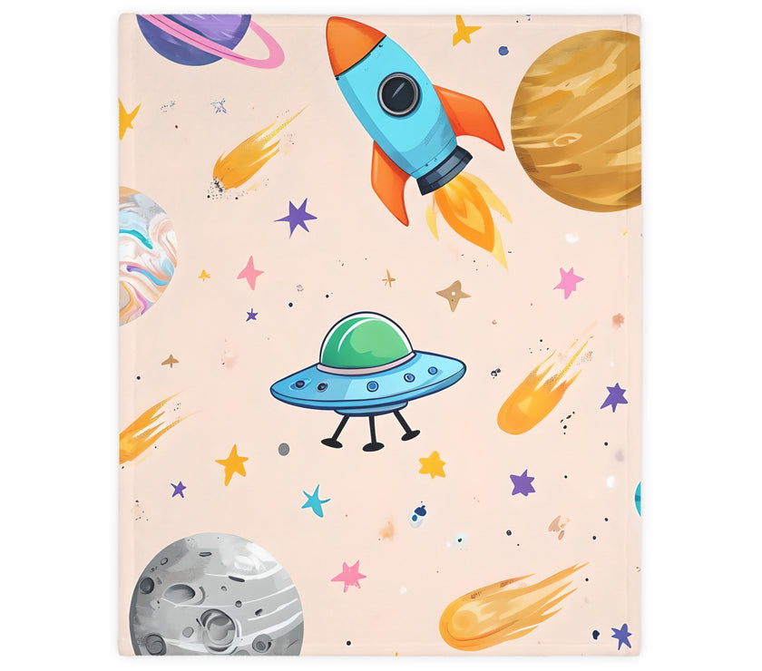Kids Outer Space Spaceship Rocket Planet Velveteen Microfiber Blanket, Two-sided Print, Children's Bedroom Decor, Boys Girls Gift, Nursery