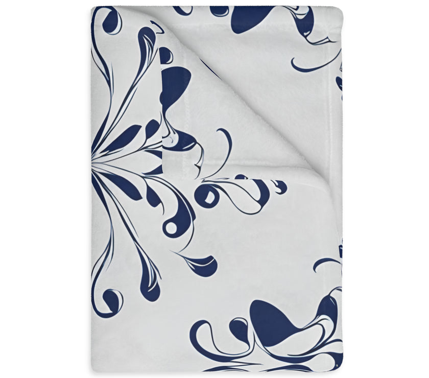 Velveteen Blanket, Blue Floral Print, Soft Throw for Home and Living Room Decor - Microfiber Reversible Couch Cover, Cozy Bedding, Floral