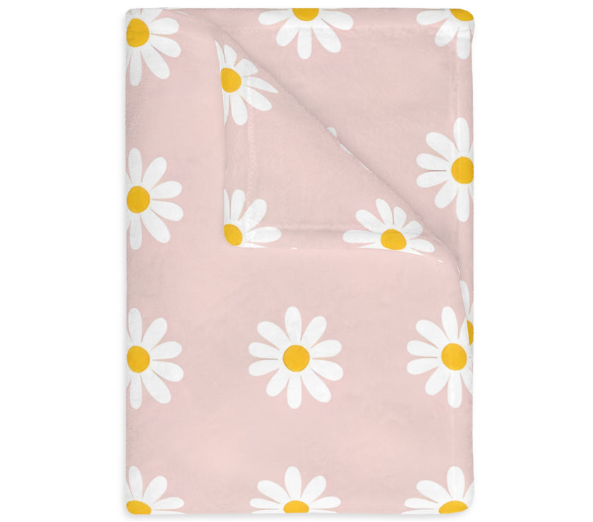Velveteen Microfiber Blanket, White Daises on Pink Floral Throw, Soft Fleece Bedding, Cozy Couch Decoration, Home Decor Gift, Lightweight