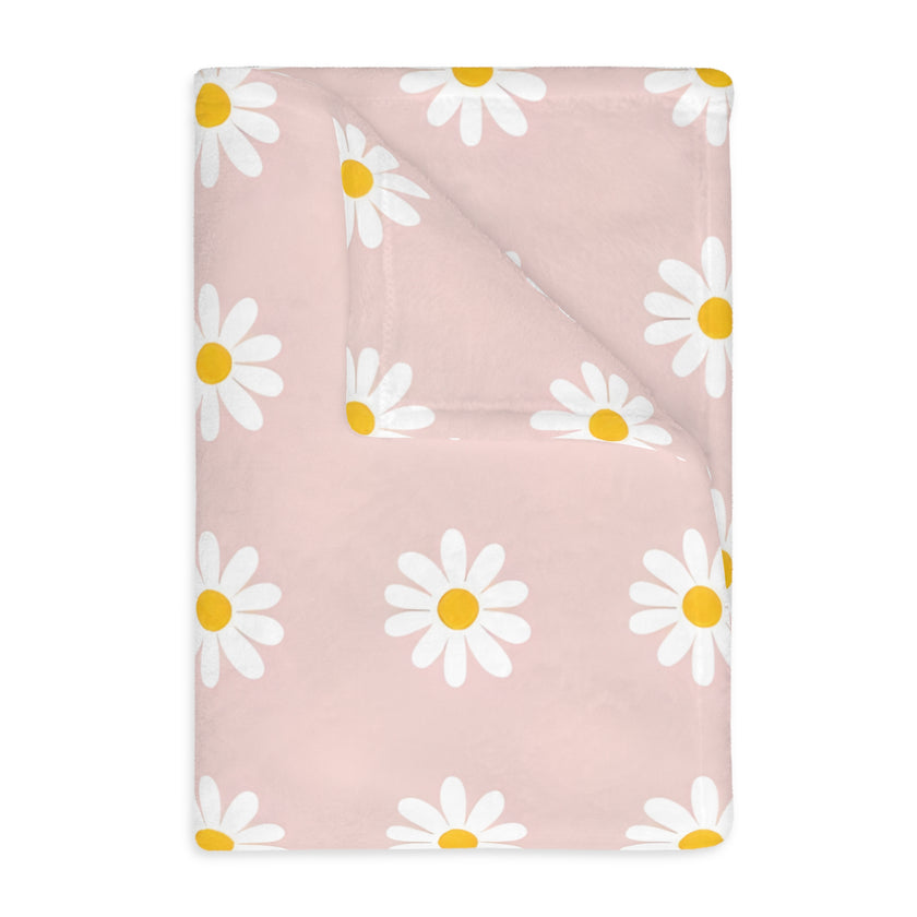 Velveteen Microfiber Blanket, White Daises on Pink Floral Throw, Soft Fleece Bedding, Cozy Couch Decoration, Home Decor Gift, Lightweight