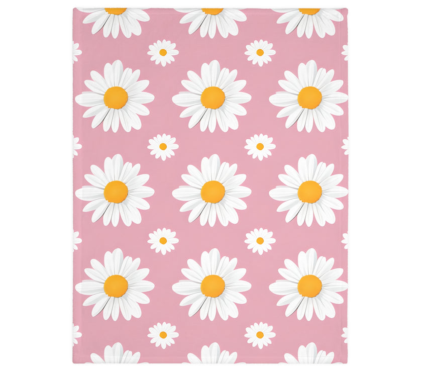 Pink White Daisey Velveteen Microfiber Blanket (Two-sided print)