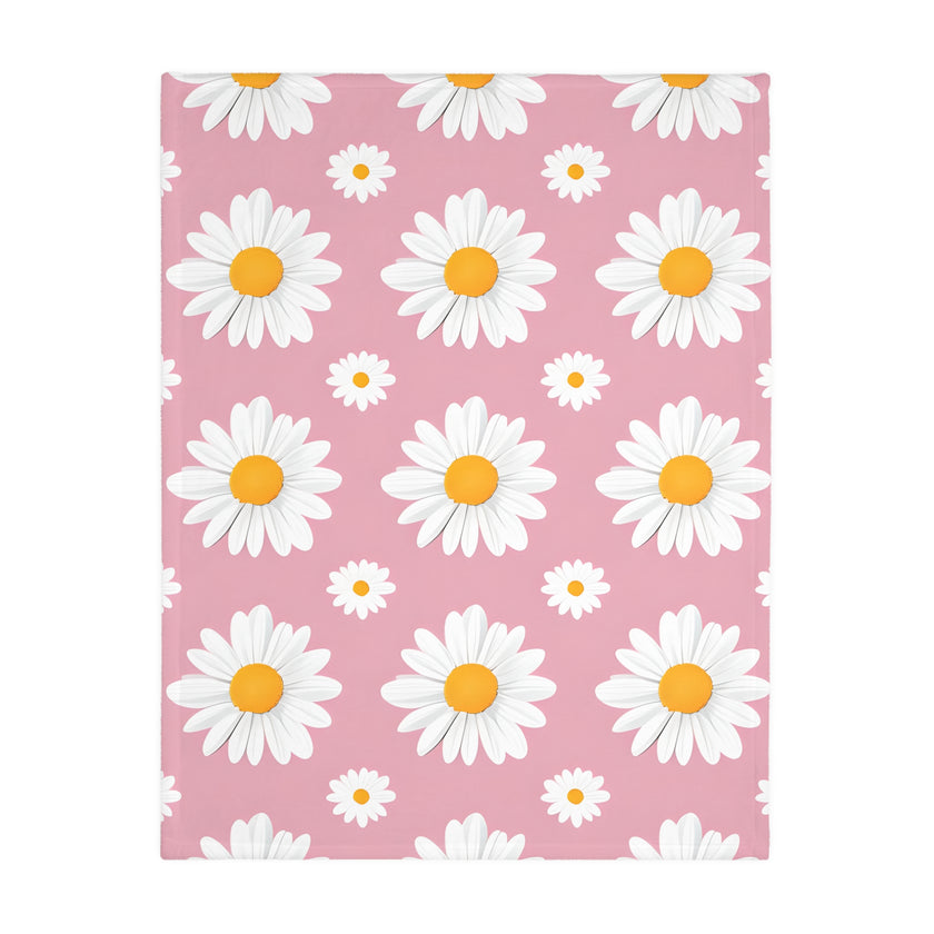 Pink White Daisey Velveteen Microfiber Blanket (Two-sided print)
