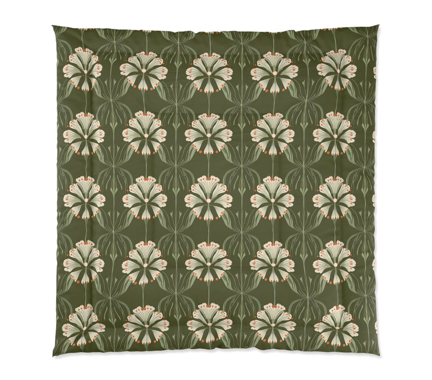Botanical Floral Comforter, Cozy Bedding for Home Decor, Green Flower Design, Eco-Friendly Gift, Spring & Summer Style