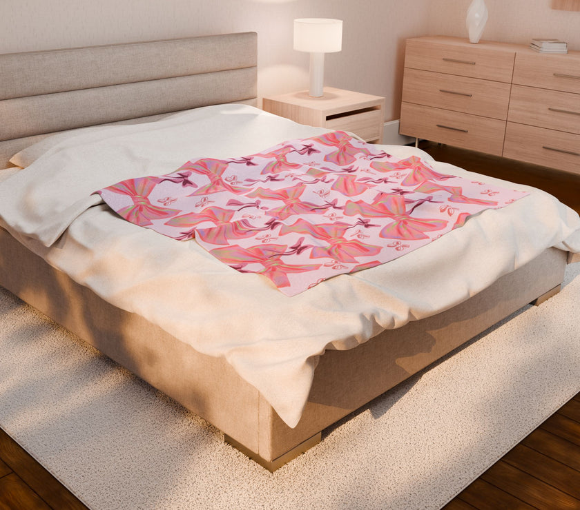 Velveteen Plush Blanket, Cozy Pink Bow Blanket, Soft Fleece Throw, Warm Bedding, Girly Bedroom Decor, Gift for Her