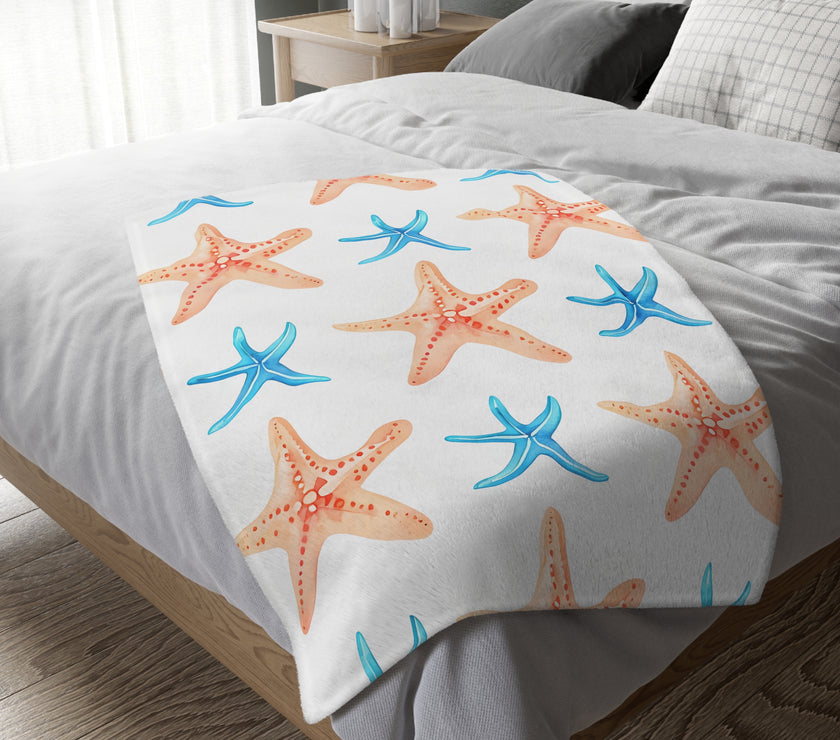 Blue Orange Ocean Sea Star Fish Velveteen Microfiber Blanket (Two-sided print)