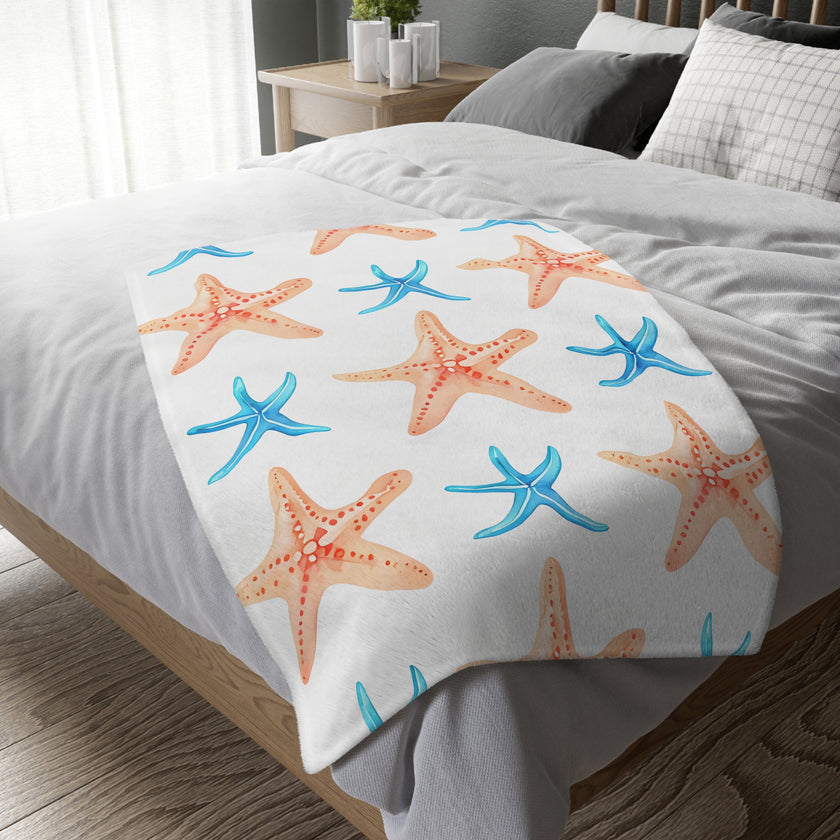 Blue Orange Ocean Sea Star Fish Velveteen Microfiber Blanket (Two-sided print)