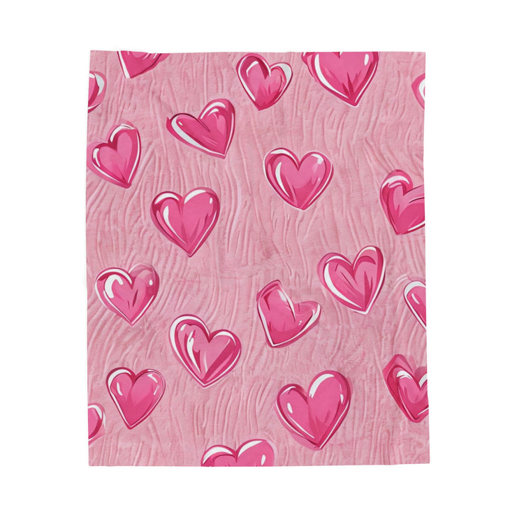 Velveteen Plush Blanket - Pink Hearts Cozy Throw, Warm Snuggle Quilt, Soft Fleece Bedspread, Comfy Bedding Cover, Lovely Valentine's Day
