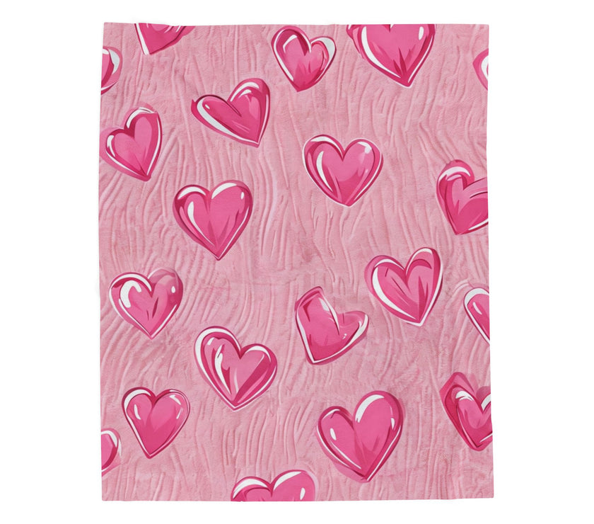 Velveteen Plush Blanket - Pink Hearts Cozy Throw, Warm Snuggle Quilt, Soft Fleece Bedspread, Comfy Bedding Cover, Lovely Valentine's Day