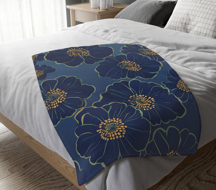 Blanket, Cozy Velveteen Microfiber Two-Sided Print Blue Floral Design - Throw, Bedding, Home Decor, Living Room Accent, Gift Idea