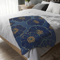 Blanket, Cozy Velveteen Microfiber Two-Sided Print Blue Floral Design - Throw, Bedding, Home Decor, Living Room Accent, Gift Idea