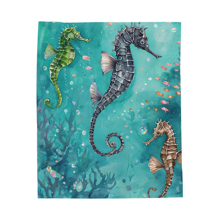 Velveteen Plush Blanket, Sea Horse Kids Blanket, Green Blue Blanket, Ocean Theme Throw, Children's Bedroom Decor, Cozy Nursery Bedding