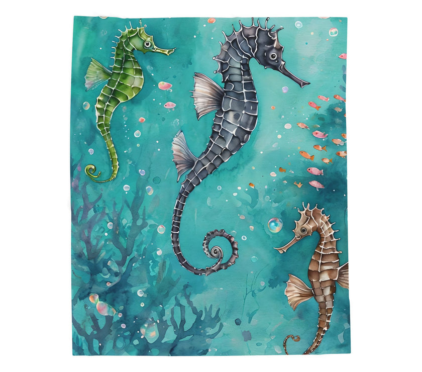 Velveteen Plush Blanket, Sea Horse Kids Blanket, Green Blue Blanket, Ocean Theme Throw, Children's Bedroom Decor, Cozy Nursery Bedding