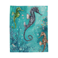Velveteen Plush Blanket, Sea Horse Kids Blanket, Green Blue Blanket, Ocean Theme Throw, Children's Bedroom Decor, Cozy Nursery Bedding