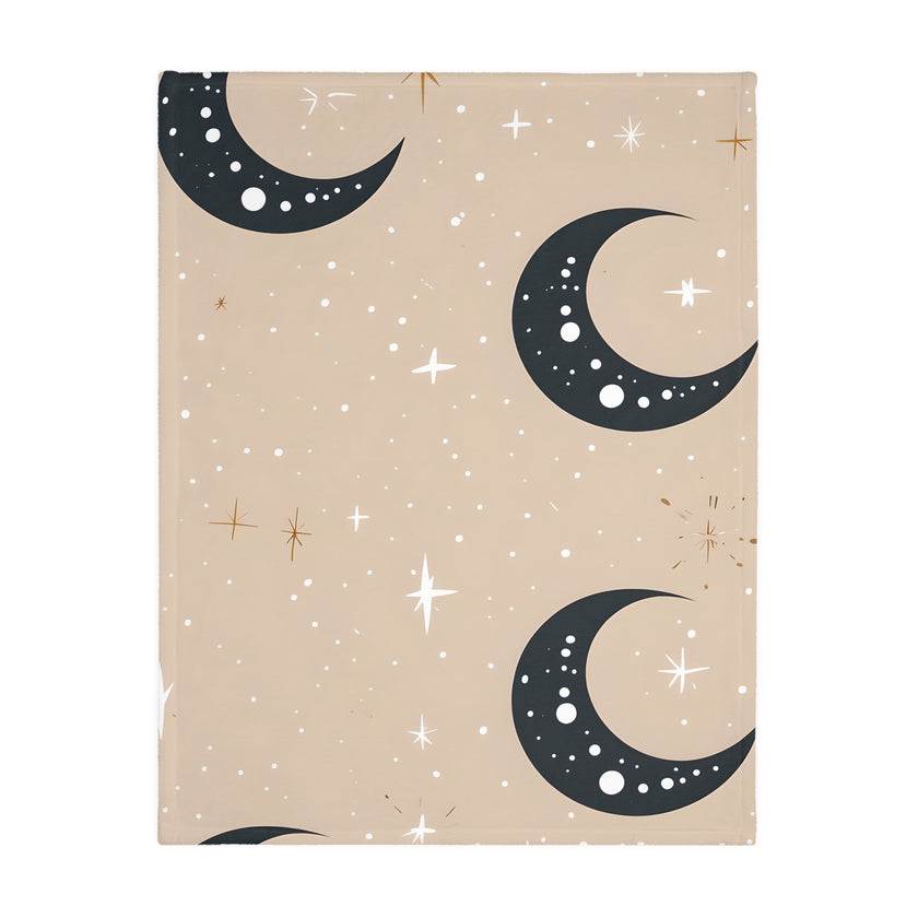 Velveteen Blanket, Pink Moon and Stars Soft Throw, Cozy Bedding, Nursery Decor, Celestial Night Sky Bed Cover, Double Sided Print