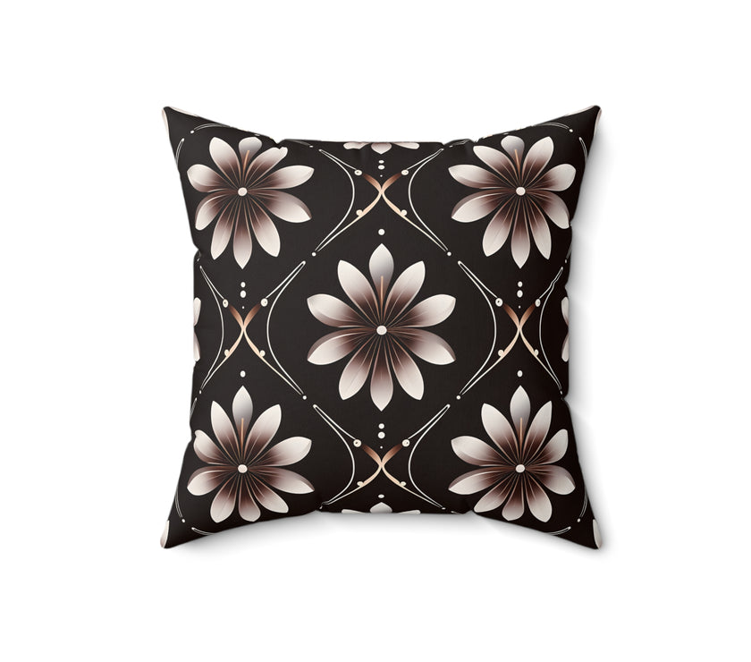 Black Floral Faux Suede Square Pillow
